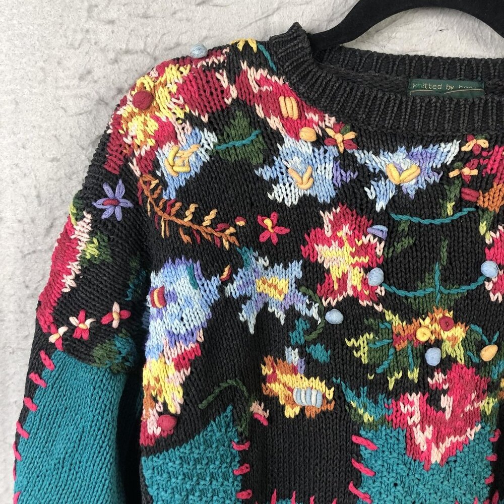 Vintage Cullinane Sweater Womens M Multicolor Floral Patchwork Chunky Knit Artsy - Picture 11 of 16